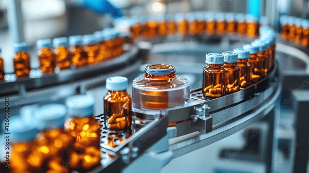 Poster experts are controlling the automatic filling and capping system for pharmaceutical products in bott