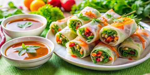 Delicious Vietnamese Spring Rolls with Dipping Sauce on White Table - Authentic Cuisine, Fresh Ingredients, Healthy Snack, Asian Food, Appetizer Ideas, Culinary Delight, Vibrant Colors