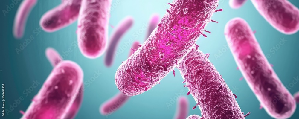 Poster a vibrant depiction of bacteria in a microscopic view, showcasing intricate structures and vibrant c
