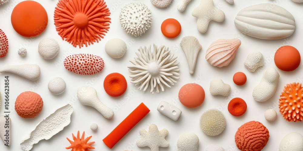 Poster a vibrant array of textured coral-like shapes in shades of white and orange, creating an artistic an