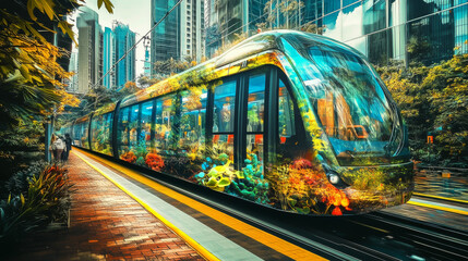 Obraz premium Bio-Solar Tram: Eco-Friendly Urban Transport, Surreal Botanical Design, Futuristic Cityscape