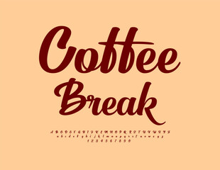 Vector trendy template Coffee Break. Calligraphic Brown Font. Stylish Alphabet Letters and Numbers set.