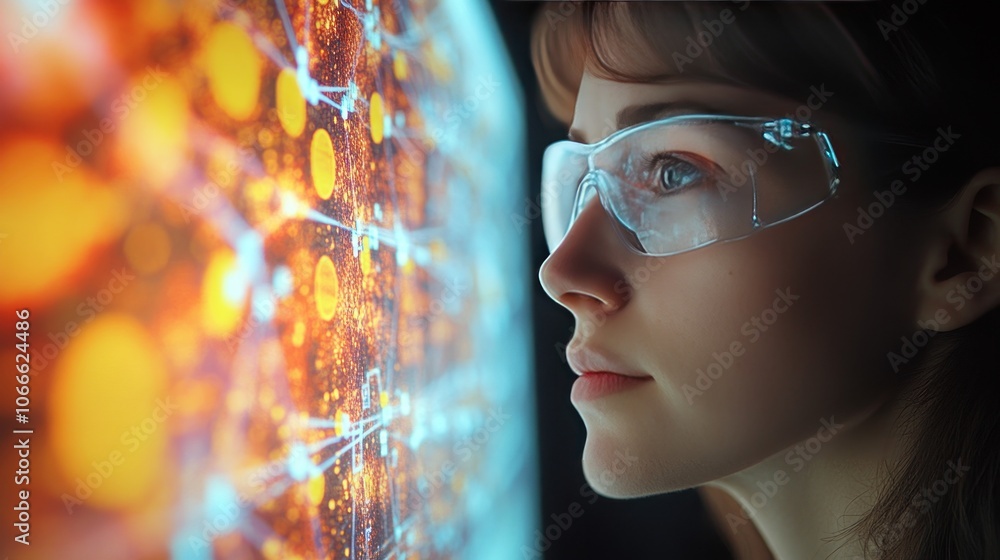 Poster a nanotechnology expert analyzes data on a digital screen about nanostructures and their functioning
