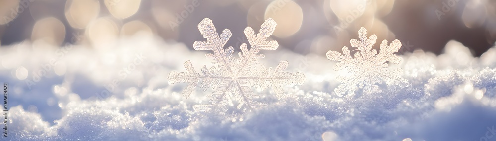 Poster two delicate snowflakes resting on a snowy surface with a bokeh background