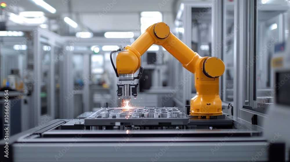 Poster a single-arm robot is welding and assembling metal parts on a fully automated production line