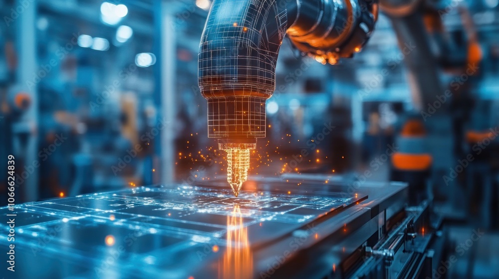 Poster automated machinery is working with high precision in a car factory, controlled by ai