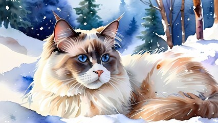 Stunning watercolor illustration of a Ragdoll cat nestled in a serene snowy landscape wall art that beautifully captures the essence of winter tranquility
