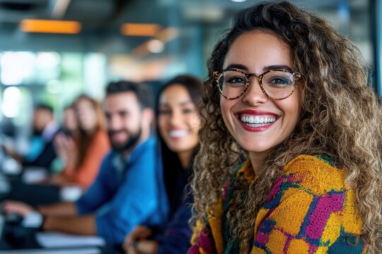 A cheerful woman with curly hair and stylish glasses smiles in a lively office environment, surrounded by colleagues, reflecting positivity and teamwork.