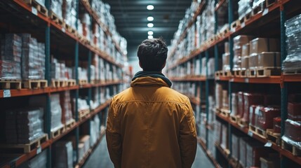 Obraz premium Image of a worker standing between tall shelves in a warehouse with systematically stored goods.