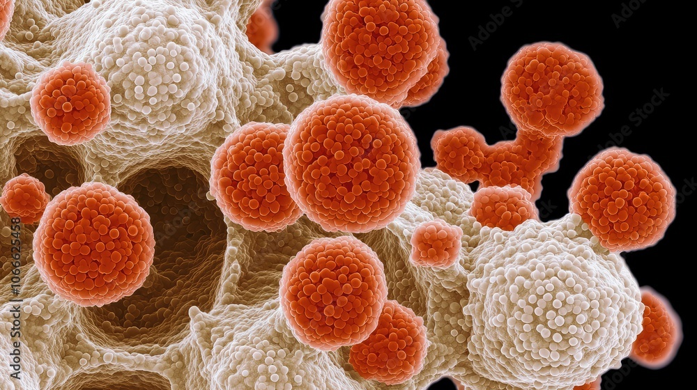 Poster an electron microscope image showcasing various cells, prominently featuring spherical structures wi
