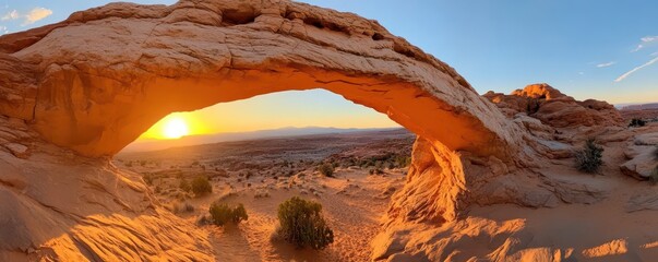 Stunning sandstone archway illuminated by warm desert light, showcasing nature's beauty and grandeur.