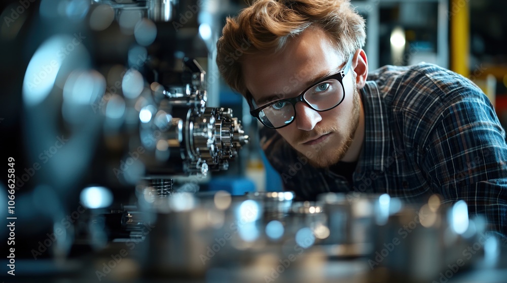 Poster a highly skilled technician is working on setting up a machine for precision in the manufacturing pr