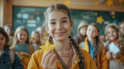 Obraz premium A young girl holds a yellow star and smiles at the camera. She stands in front of a classroom full of students.