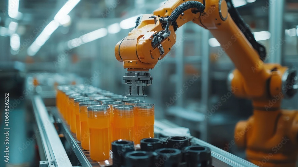 Aufkleber close-up of a robotic arm painting car parts in a factory with high-precision and automated technolo