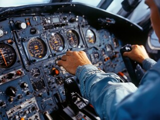 A pilot intensely focuses on the controls within an aircraft's cockpit, embodying the precision and concentration required for flying high-tech planes.