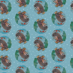 Seamless pattern. Cute hedgehog, gift, snow. Winter landscape. Drawn with colored pencils.