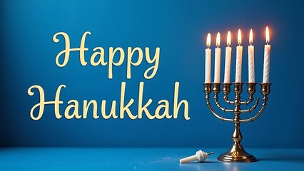 Happy Hanukkah words, blue lamp, blue background
