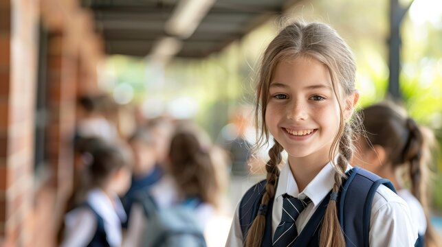 A smiling schoolgirl in uniform stands and looks at the camera with her classmates playing in the background during recess, depicting the happiness and vibrancy of school life.