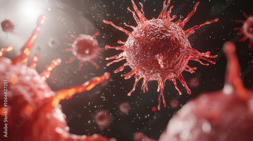 Poster a close-up view of red virus particles, showcasing their intricate structure and spiked surfaces aga