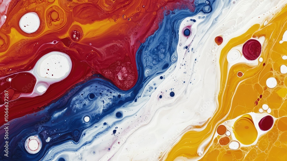 Poster a vibrant abstract design featuring swirls of red, blue, yellow, and white, creating a dynamic and c