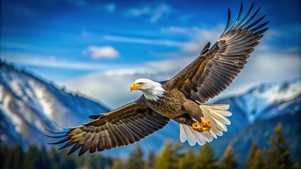 Obraz premium Majestic Bald Eagle Juvenile Soaring High Above Pristine Nature in Clear Blue Sky Capturing the Essence of Freedom and Strength