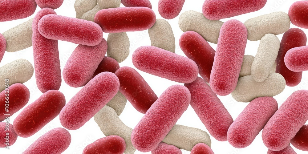 Poster this image shows a close-up view of various bacteria, featuring rod-shaped forms with red and beige 