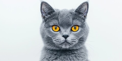 A close-up shot of a gray cat looking directly at the camera, its bright yellow eyes capturing attention