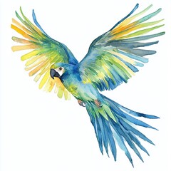 Fototapeta premium A colorful macaw flying gracefully with outstretched wings against a light background during daylight hours