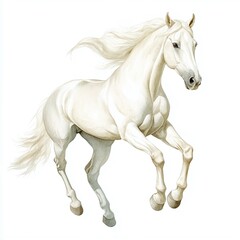 Majestic white horse in mid-gallop, showcasing strength and grace against a simple background