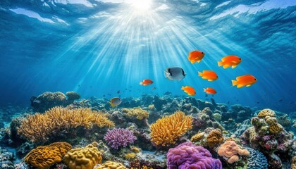 Vibrant coral reef with colorful fish and sunbeams shining through the water.