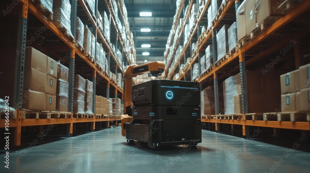 Poster a robot sorting goods in an automated warehouse that can lift heavy objects with ai control