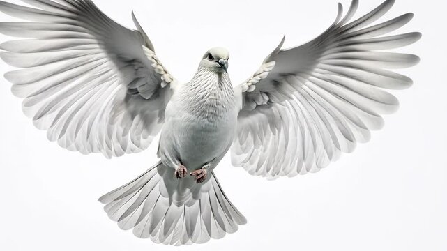 A white dove with its wings spread wide flies against a white background