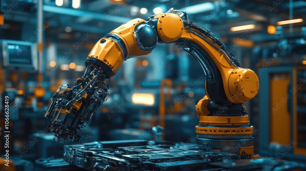 Poster close-up of a robotic arm painting car parts in a factory with high-precision and automated technolo