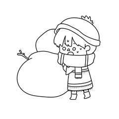 A boy is holding a scarf and a large bag