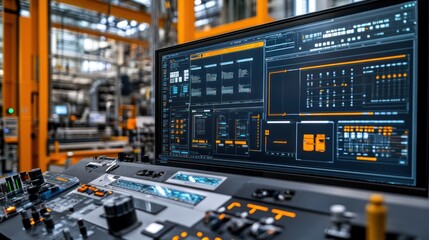 Naklejka premium Digital twin display of production line in industrial plant for real-time improvement