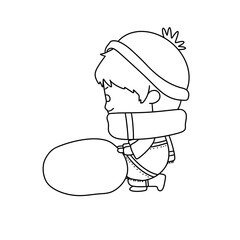 A boy is holding a large white object and walking