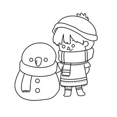 A child is standing next to a snowman wearing a scarf