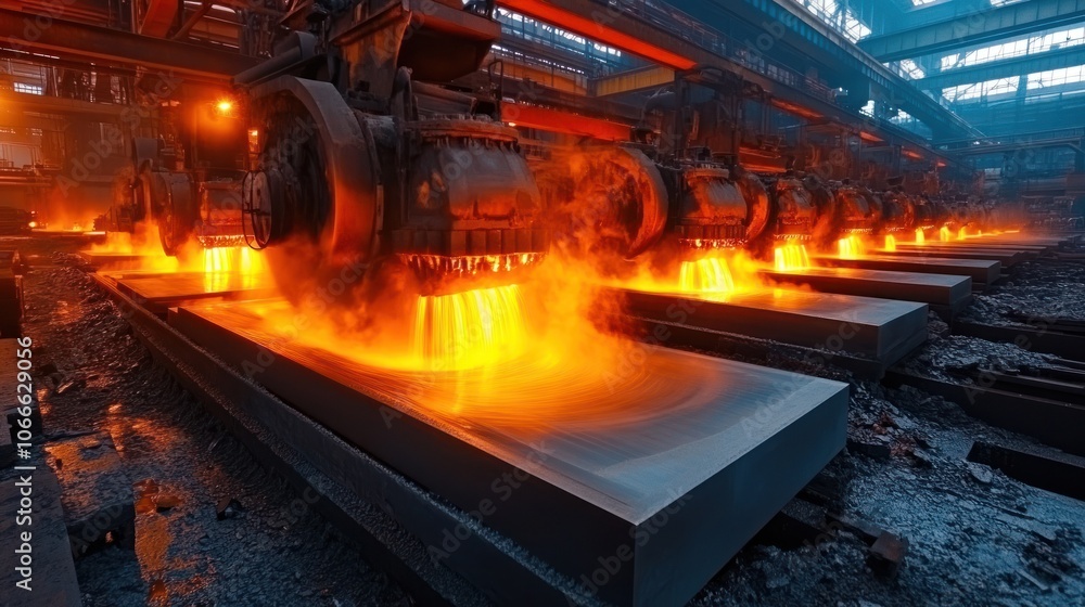 Poster large machinery for metal casting in a factory with high temperatures and complex operations