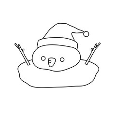 A cartoon penguin with a hat and a carrot in its mouth