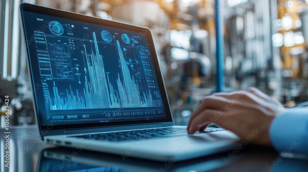 Poster a consultant is analyzing big data from an iot system in an industrial plant using a laptop screen