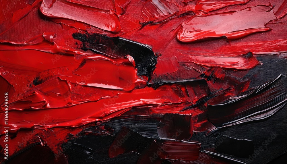 Poster bold red and black abstract oil texture with thick brush strokes and glossy palette knife layers for