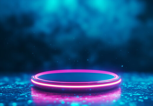 Illuminated podium with bokeh background. Technology and cyber sale concept. Product display for banner, poster and background with copy space.