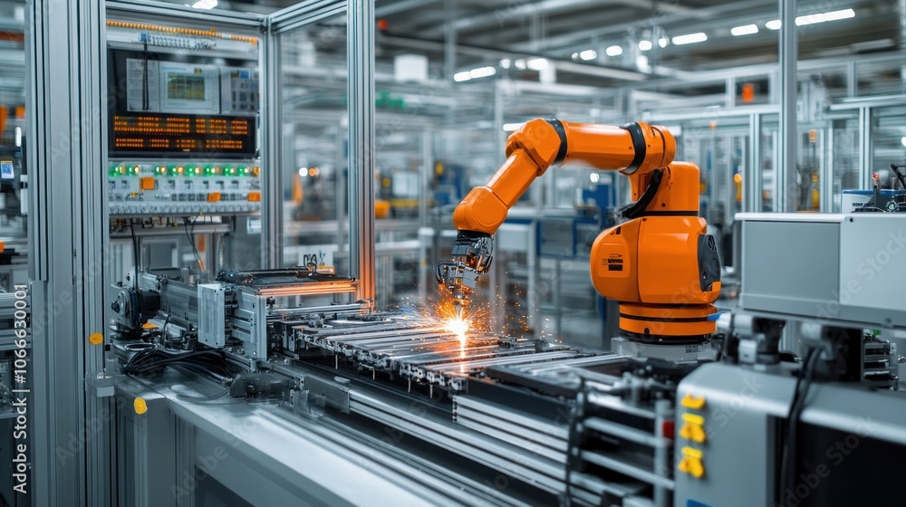 Poster a single-arm robot is welding and assembling metal parts on a fully automated production line