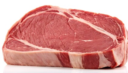 A large red meat chunk sits atop a plain white background, its texture and coloration prominent in the image, food styling, meat photography, 453