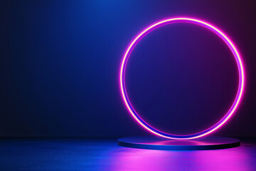 Pink neon circle ring and podium on dark blue background. Product display concept. Design for banner, poster and background with copy space.