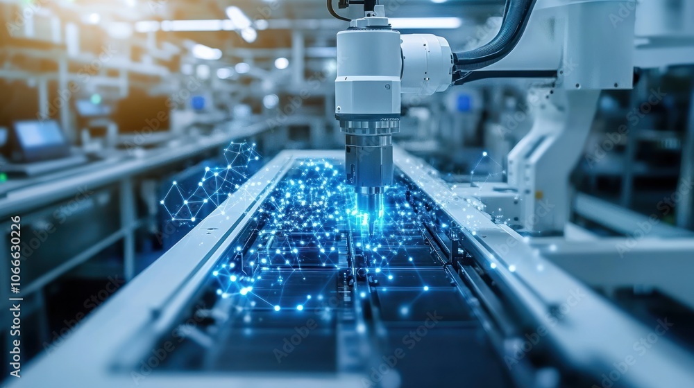 Aufkleber automated machinery is working with high precision in a car factory, controlled by ai