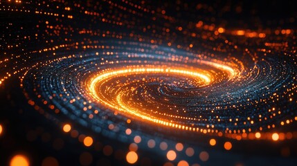 Abstract glowing spiral of blue and orange particles on a black background.