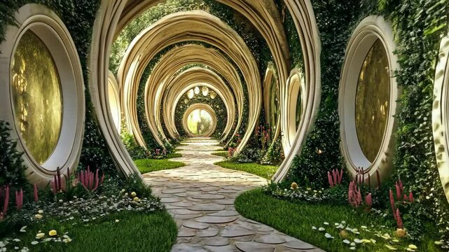 A winding stone path leads through a circular archway, surrounded by lush green foliage