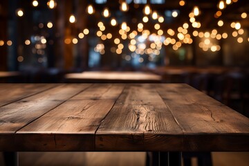 Wooden table in a cozy restaurant with warm lighting creating an inviting atmosphere