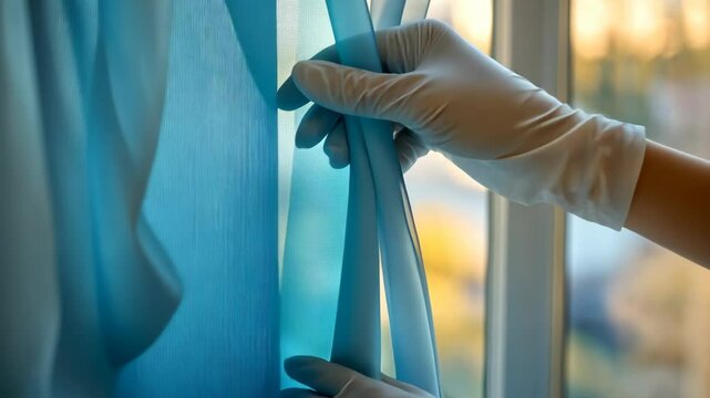A gloved hand pulls back a blue curtain next to a window